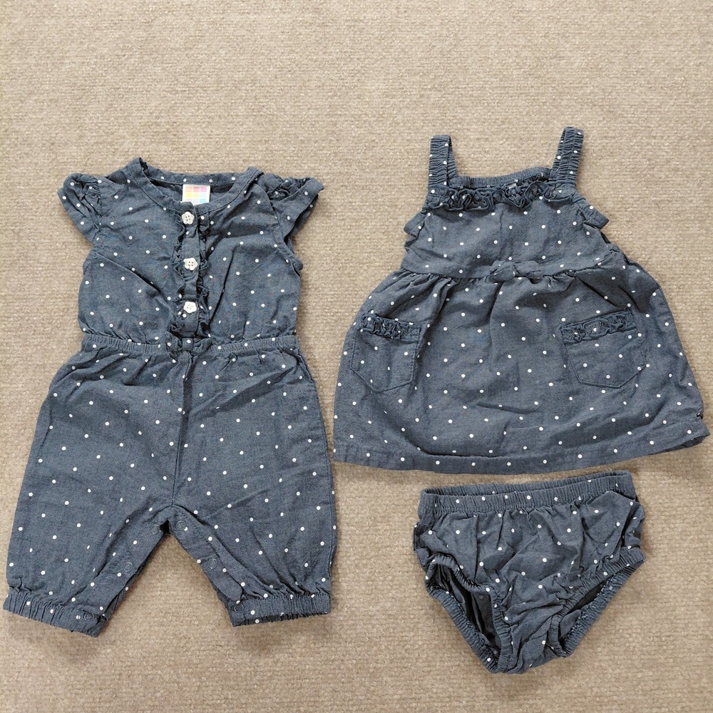 3 Pc Healthtex Baby Baby Girl Chambray Polka Dot Outfit Dress Diaper Cover 0-3 M